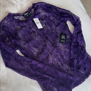 Express Purple Sheer Lace Long-Sleeve Top